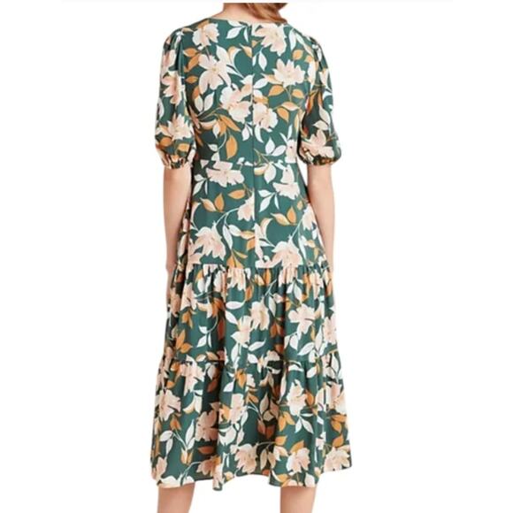 Gal Meets Glam Womens Tiered Midi Dress Tegan Floral Ruched Puff Sleeve Green 4P - Picture 2 of 16